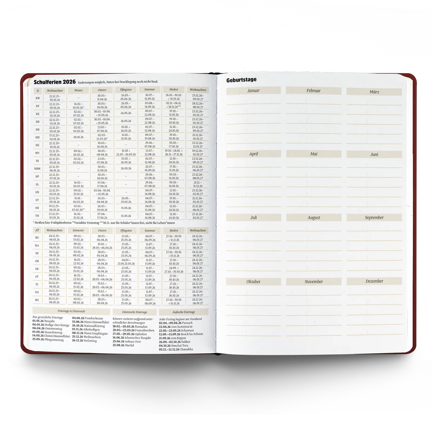 Kalender 2026 pro verschiedene Farben - ein guter Plan
