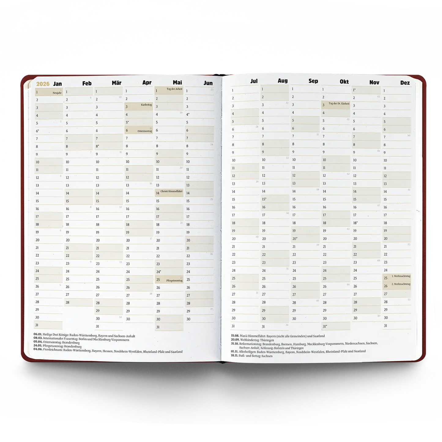 Kalender 2026 pro verschiedene Farben - ein guter Plan
