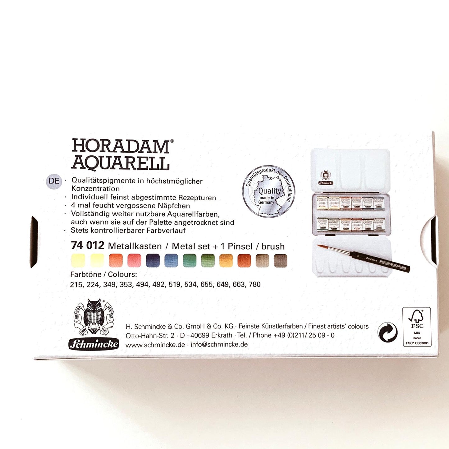 Schmincke Horadam Aquarellfarben – Metallkasten mit 12 halben Näpfchen