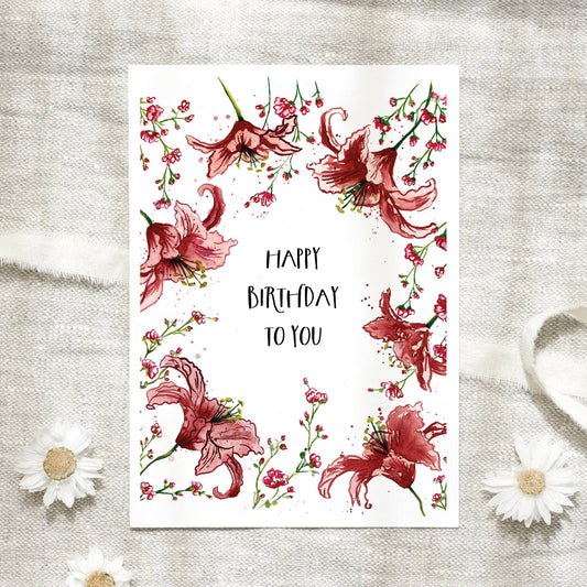 Postkarte - Red Birthday Lillies Leo La Douce