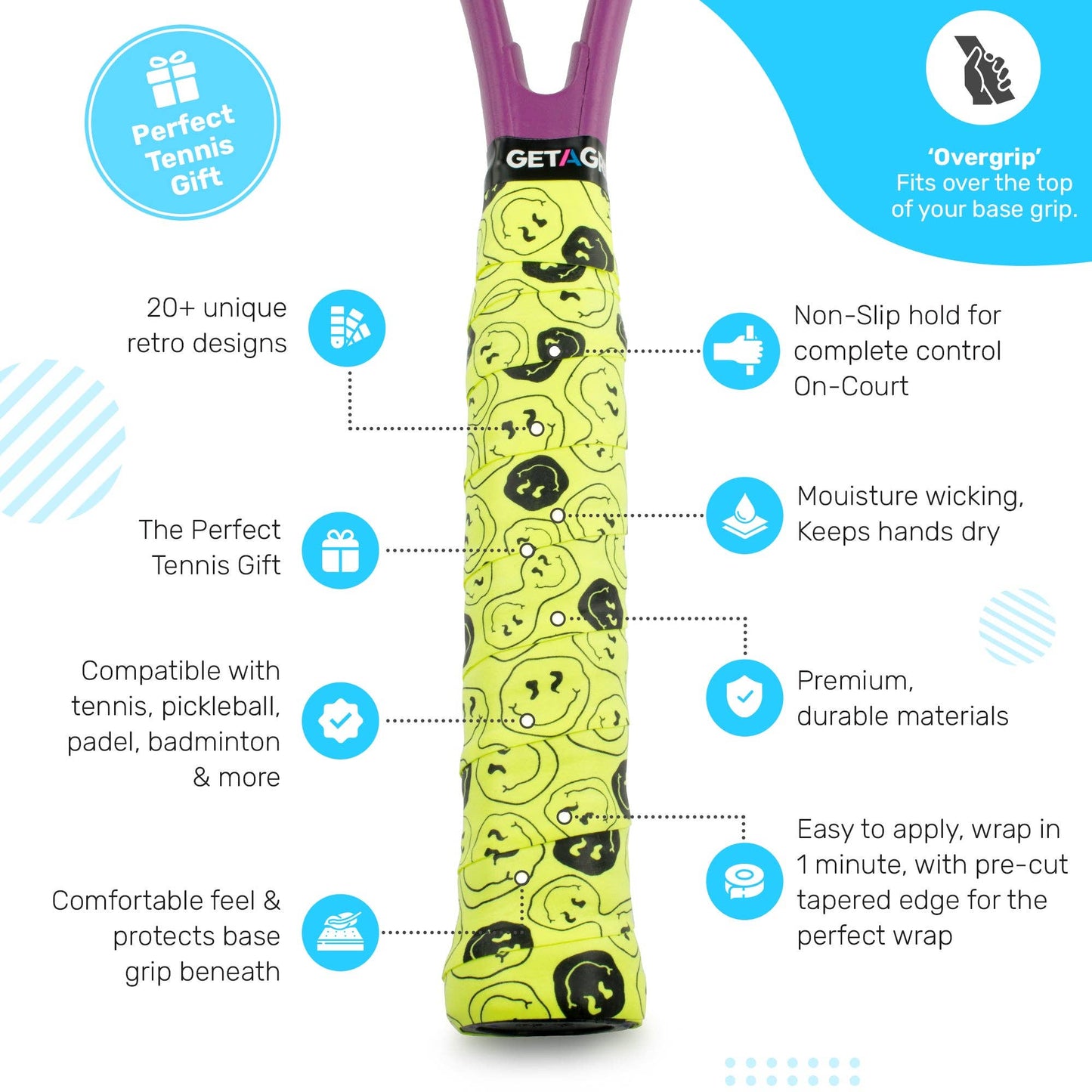 Overgrip Tennis  oder Padel Neon Smiley Get A Grip Club - Griffband mit Style
